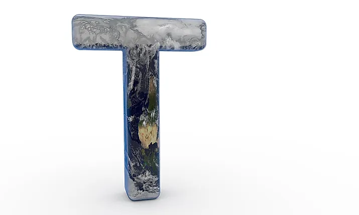 The Letter "T" decorated in the features of Planet Earth.