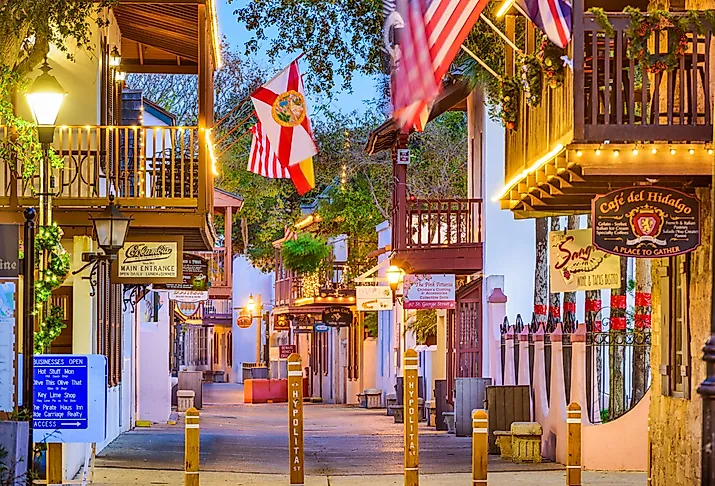 Shops and inns line St. George St in St. Augustine. Once the main street, it is still considered the heart of the city. Image credit: Sean Pavone via Shutterstock.