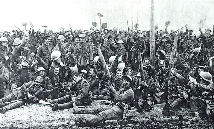 British soldiers celebrating their capture of German trenches at St. Eloi, near Ypres, Belgium.