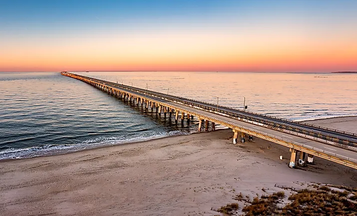 Aerial panorama of the Chesapeake Bay Bridge Tunnel at sunset.