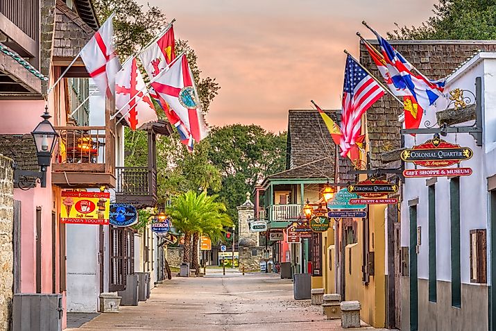 Shops and inns line the Main Street in St. Augustine, Florida.