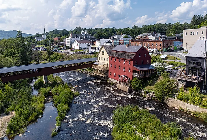 Aerial view of the Ammonoosuc River flowing through Littleton, New Hampshire.