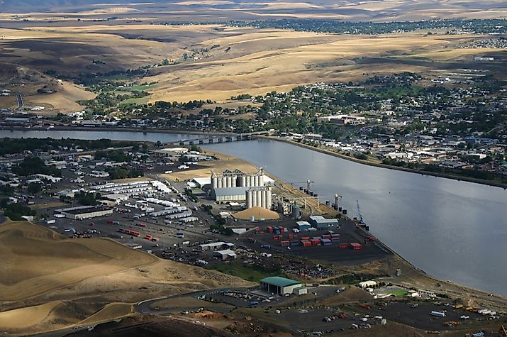 Aerial photograph of the Lewiston Port on the Clearwater South of the confluence with the Snake River in the inland northwest