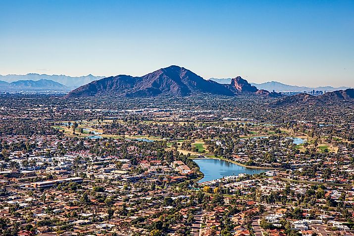 Above Scottsdale, Arizona looking SW towards Camelback Mountain and downtown Phoenix
