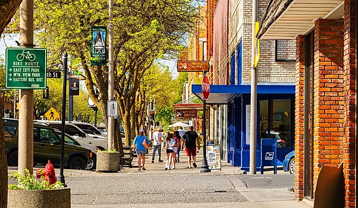 Shops, galleries and cafes line Main Street in the historic downtown area of Moscow, Idaho.