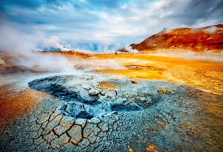 Dramatic view of the geothermal area Hverir (Hverarond), Krafla volcano, Iceland.