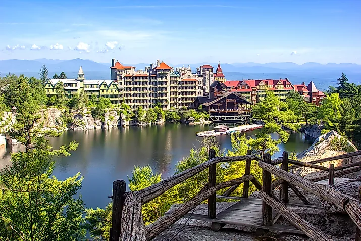 New Paltz, New York: Scenic view of Mohonk Mountain House and Mohonk Lake.