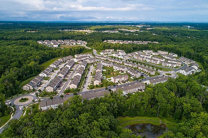 Aerial drone image of a residential development in Aberdeen, Maryland, USA.