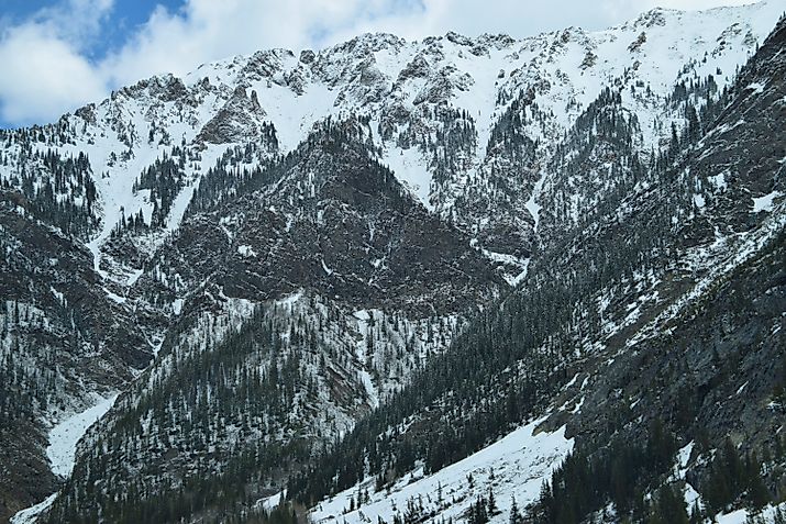 Cold barren snowy mountain peaks in Colorado Rocky Mountains.