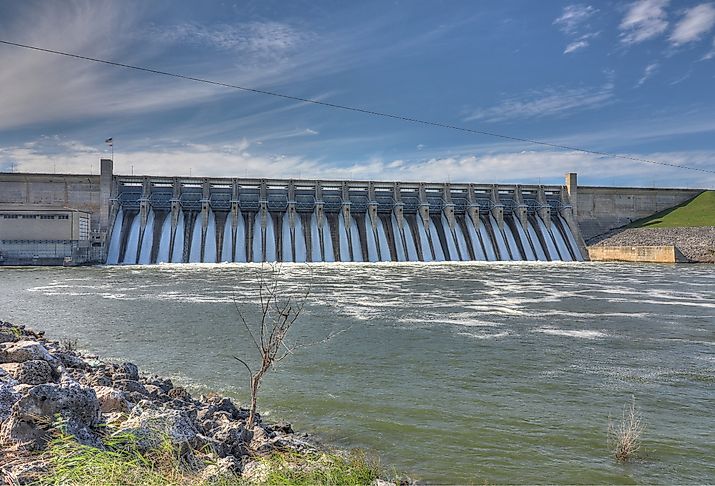 Whitney Dam releases water into the Brazos River below Lake Whitney, Texas.