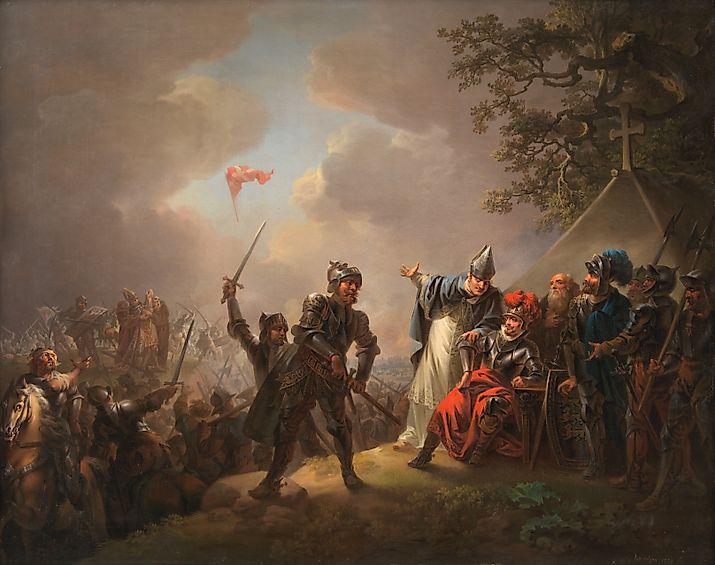 Dannebrog falling from the sky during the Battle of Lindanise, 15 June 1219. Painted by Christian August Lorentzen in 1809.