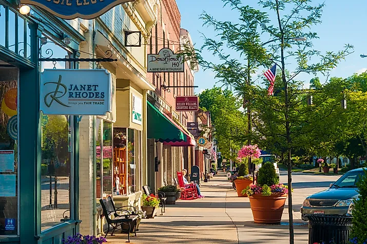 Quaint shops and businesses that go back more than a century on Hudson's Main Street, Ohio. 
