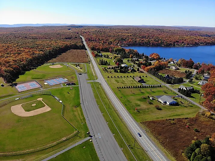 The aerial view of the stunning fall foliage and the Bear Creek Lake on Route 903 by Jim Thorpe, Pennsylvania