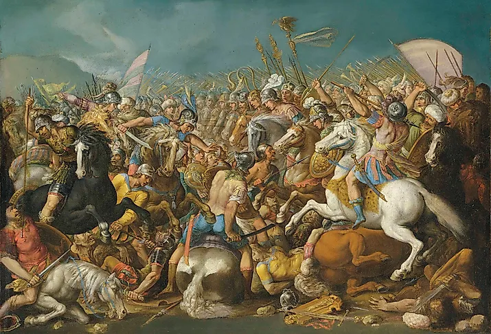 A classical battle scene depicting the Roman army during the Punic Wars, likely showing Scipio Africanus defeating Hannibal (c. 202 BCE).
