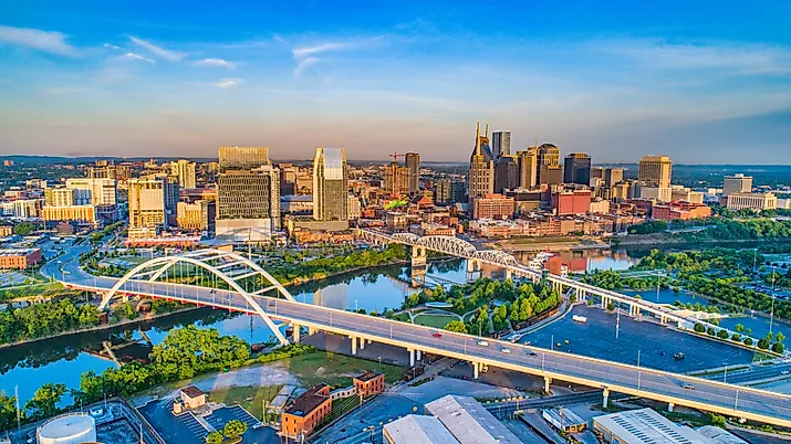 The Cumberland River flowing through downtown Nashville.