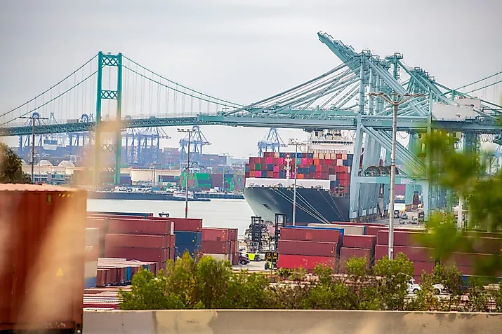 View on ships and shipping containers in port at Long Beach Harbor