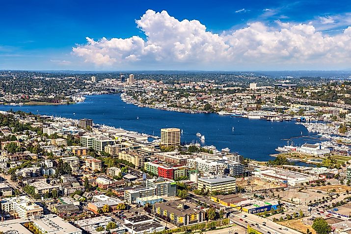 Lake Union and surrounding districts in Seattle, Washington.