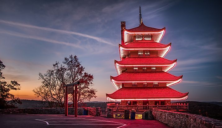 The Pagoda in Reading, PA lit up before dawn breaks in Berks County, PA.