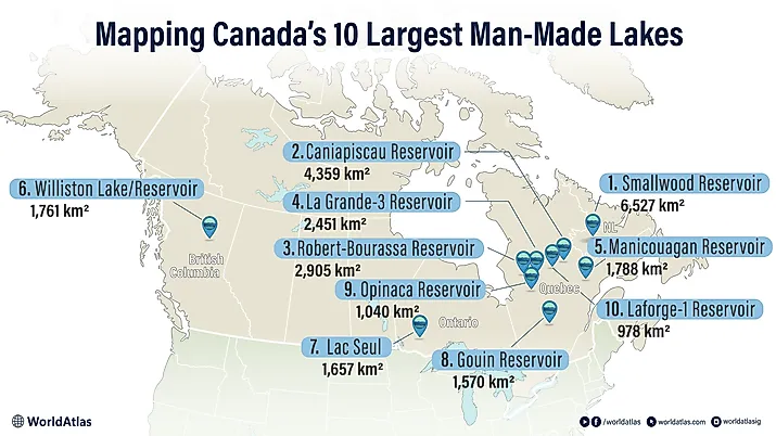 infographic showing 10 Largest Man-Made Lakes In Canada 