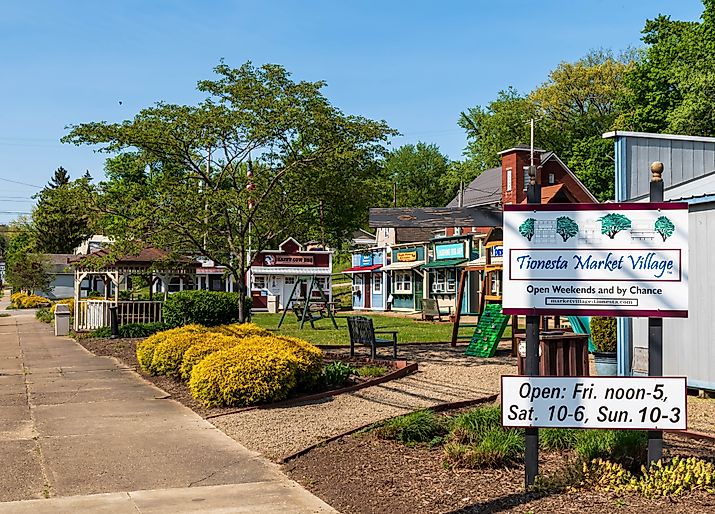 Tionesta, Pennsylvania: Tionesta Market Village on Elm Street on a sunny spring day, via Althom / iStock.com
