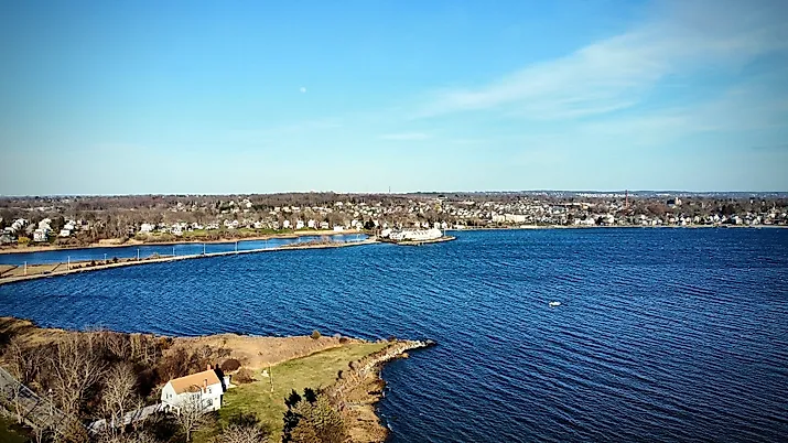 View of the Narragansett Bay in Bristol, Rhode Island.