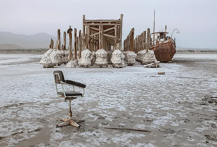 At the dry coast of lake Urmia of Iran, an abandoned ship is stuck in solidified salt due to to devastating water loss in what was once the sixth-largest salt lake on earth.