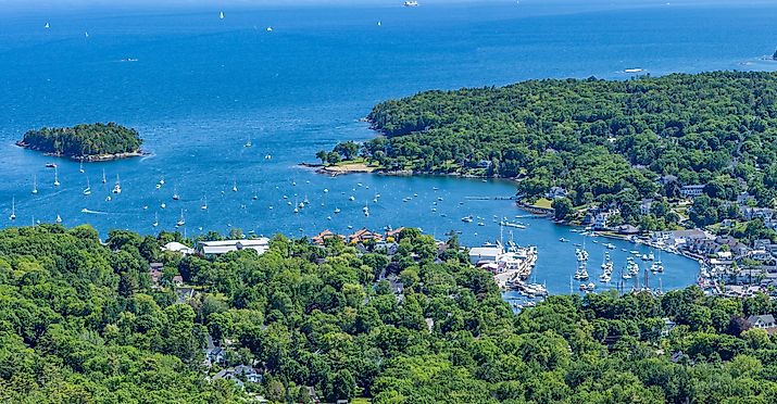 A view of the harbor in Camden, Maine from the summit of Mount Battie in Camden Hills State Park.