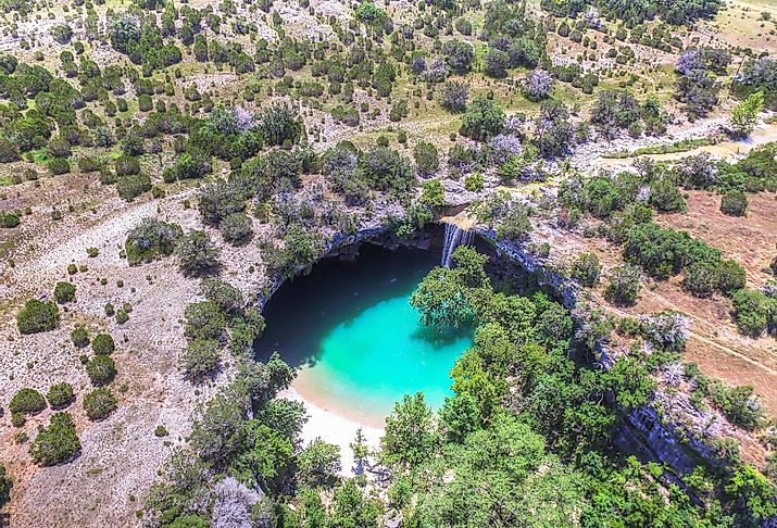 Beautiful Aerial view of Hamilton Pool swimming hole in Dripping Springs near Austin, Texas.
