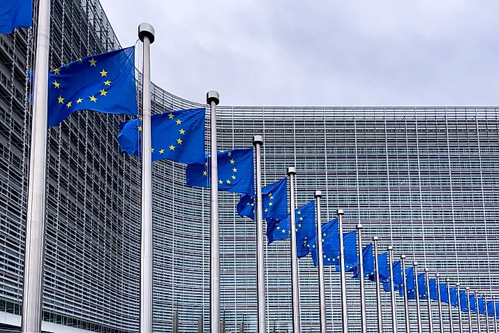 European Union flags in front of the European Commission headquarters in Brussels, Belgium. Editorial credit: Mounir Taha / Shutterstock.com