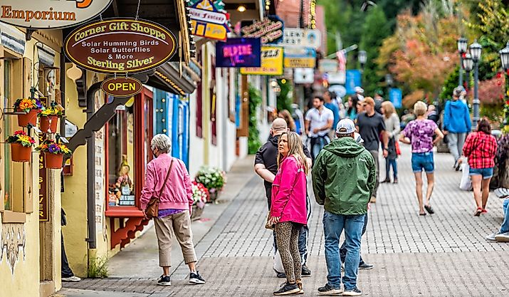 Colorful local businesses in Helen, Georgia. Editorial credit: Kristi Blokhin / Shutterstock.com.