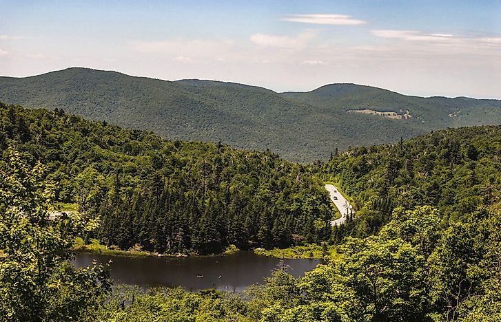 The tree covered mountains of the Green Mountains of Vermont.