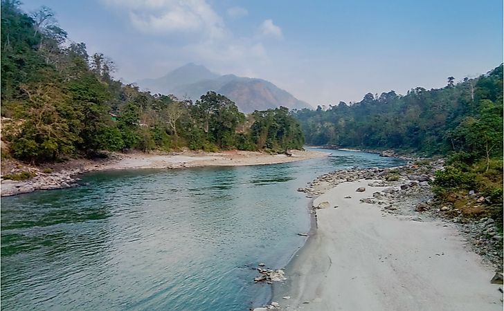 The Manas River separating the Royal Manas National Park, Bhutan, from India's Manas National Park.