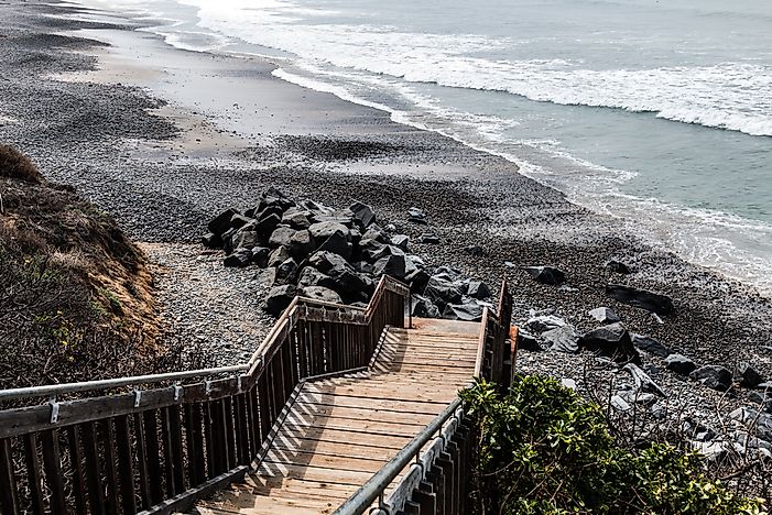The boardwalk leading down to Carlsbad State Beach, California. The boardwalk leading down to Carlsbad State Beach, California.