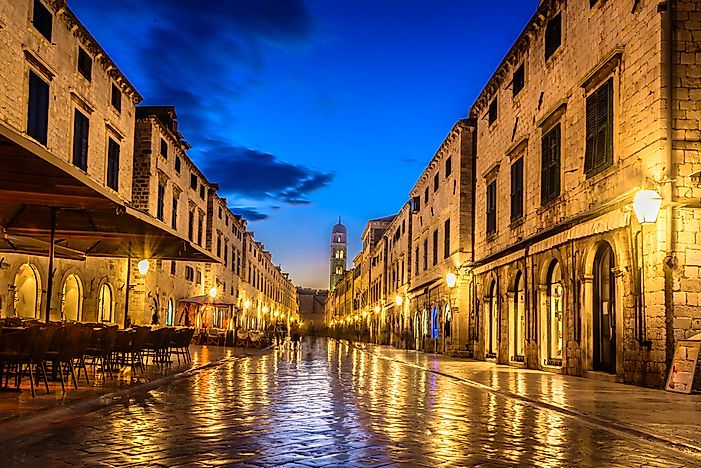 View of Stradun, the pedestrian main street running through Dubrovnik's Old City Center.