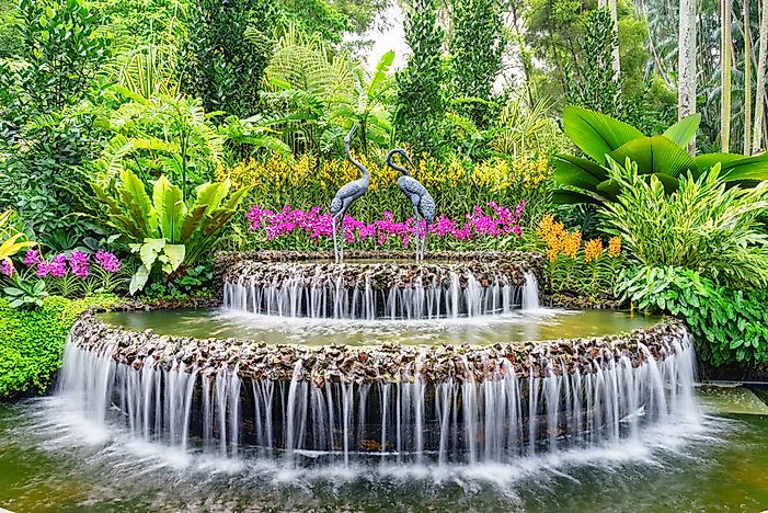 A fountain inside Singapore's National Orchid Garden. A fountain inside Singapore's National Orchid Garden.