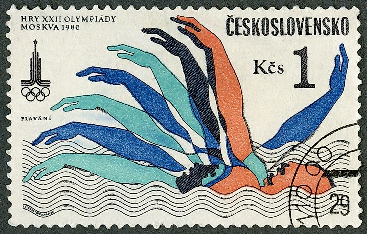 A stamp printed in Czechoslovakia commemorates the Olympic Summer Games in Moscow. Photo credit: Olga Popova / Shutterstock.com. A stamp printed in Czechoslovakia commemorates the Olympic Summer Games in Moscow. Photo credit: Olga Popova / Shutterstock.com.