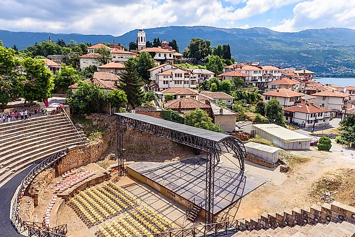 A view of Ohrid's ancient amphitheatre and historic city center. A view of Ohrid's ancient amphitheatre and historic city center.