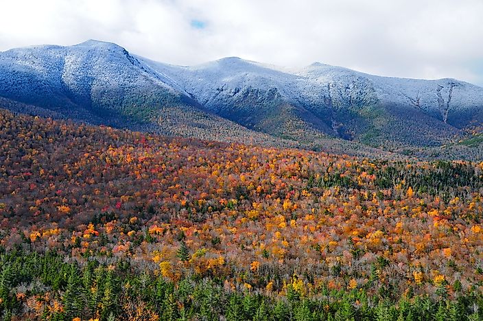 White capped mountains of the White Mountains mountain range in New Hampshire.
