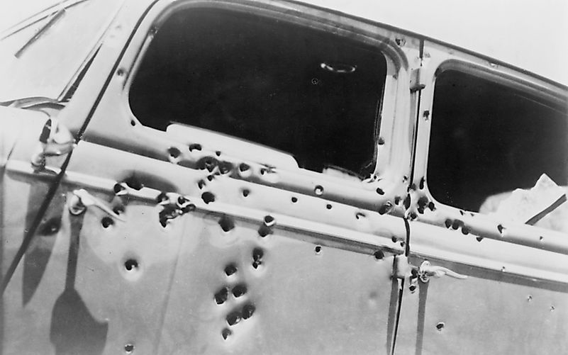 The bullet riddled car in which bank robbers Bonnie and Clyde died at the hands of Texas Rangers and Louisana police at Gibsland, Louisiana on May 23, 1934. The bullet riddled car in which bank robbers Bonnie and Clyde died at the hands of Texas Rangers and Louisana police at Gibsland, Louisiana on May 23, 1934.
