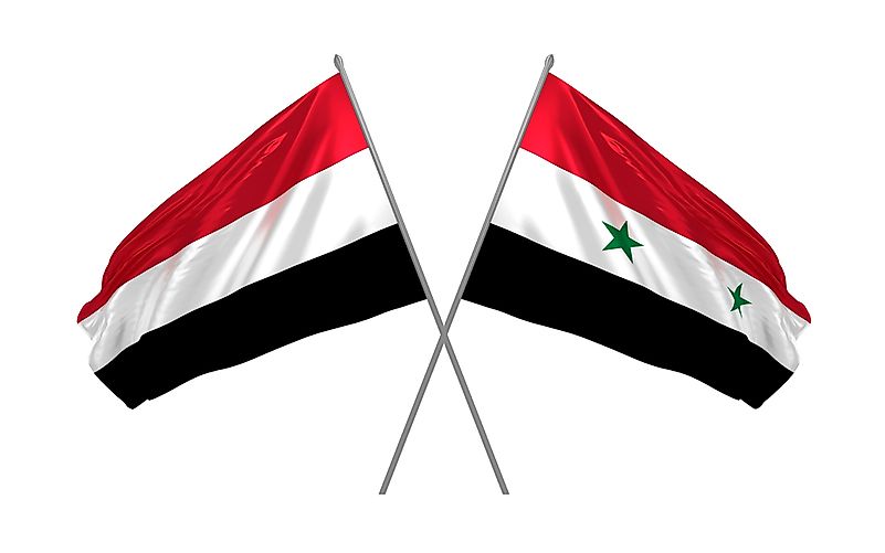 The flag of Yemen, left, and the flag of Syria. The flag of Yemen, left, and the flag of Syria.