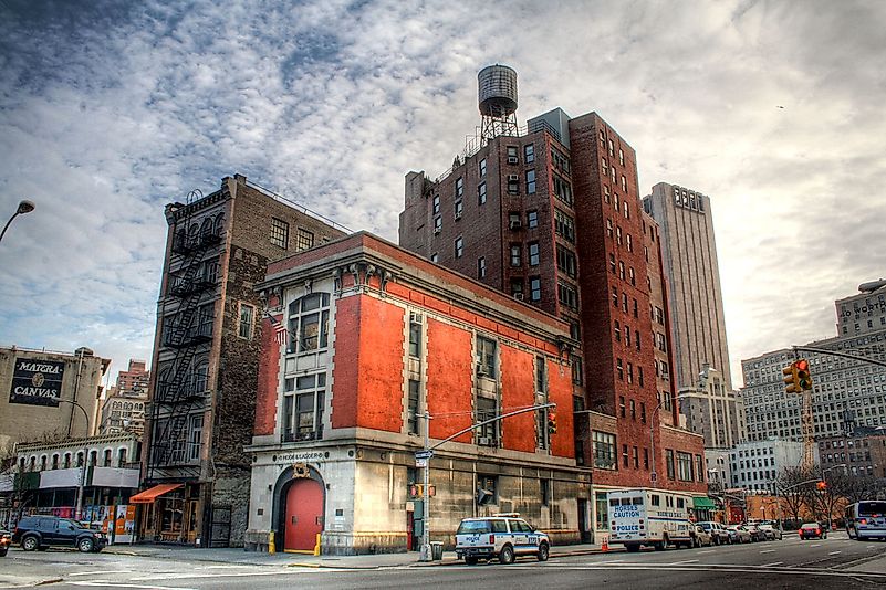 Looking southeast across North Moore and Varick Streets at the FDNY Firehouse that was used for the exterior shots in Ghostbusters.