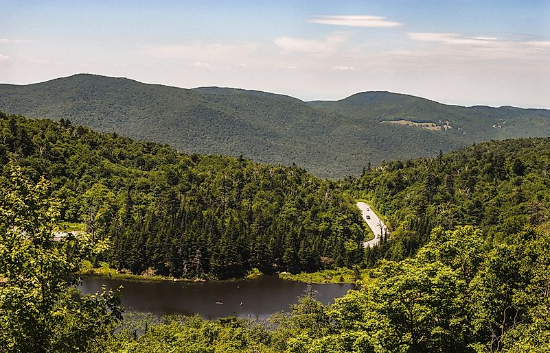 The tree covered mountains of the Green Mountains of Vermont.