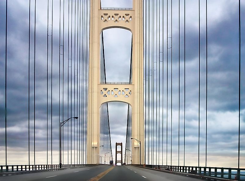 Mackinaw Bridge, which connects to Michigan's Upper Peninsula. Mackinaw Bridge, which connects to Michigan's Upper Peninsula.