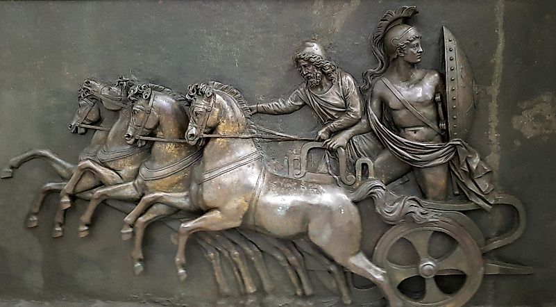 Metallic Panel depicting Achilles in his chariot during the Trojan War in the Achilleion palace, on Corfu island, Greece. Ccredit: ducu59us / Shutterstock.com Metallic Panel depicting Achilles in his chariot during the Trojan War in the Achilleion palace, on Corfu island, Greece. Ccredit: ducu59us / Shutterstock.com