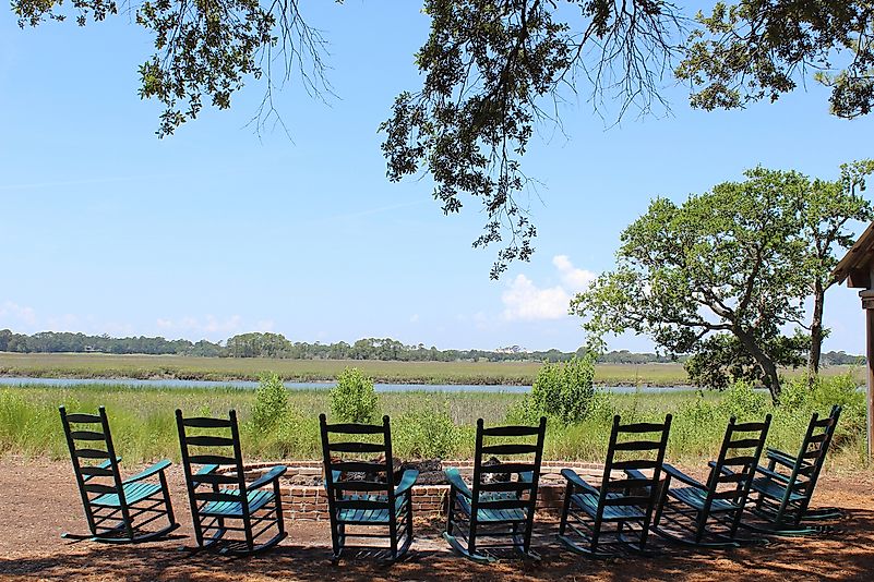 Rocking chairs around a bonfire looking over the marsh in South Carolina outside of Charleston. Rocking chairs around a bonfire looking over the marsh in South Carolina outside of Charleston.