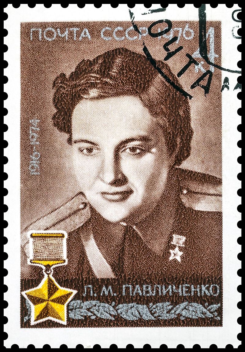 Pavlichenko Lyudmila Mikhailovna on a 1974 USSR stamp. Image credit: Baka Sobaka / Shutterstock.com Pavlichenko Lyudmila Mikhailovna on a 1974 USSR stamp. Image credit: Baka Sobaka / Shutterstock.com