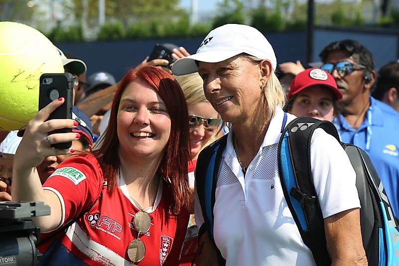 Grand Slam champion Martina Navratilova takes selfie with a tennis fan. Credit: Leonard Zhukovsky / Shutterstock.com Grand Slam champion Martina Navratilova takes selfie with a tennis fan. Credit: Leonard Zhukovsky / Shutterstock.com