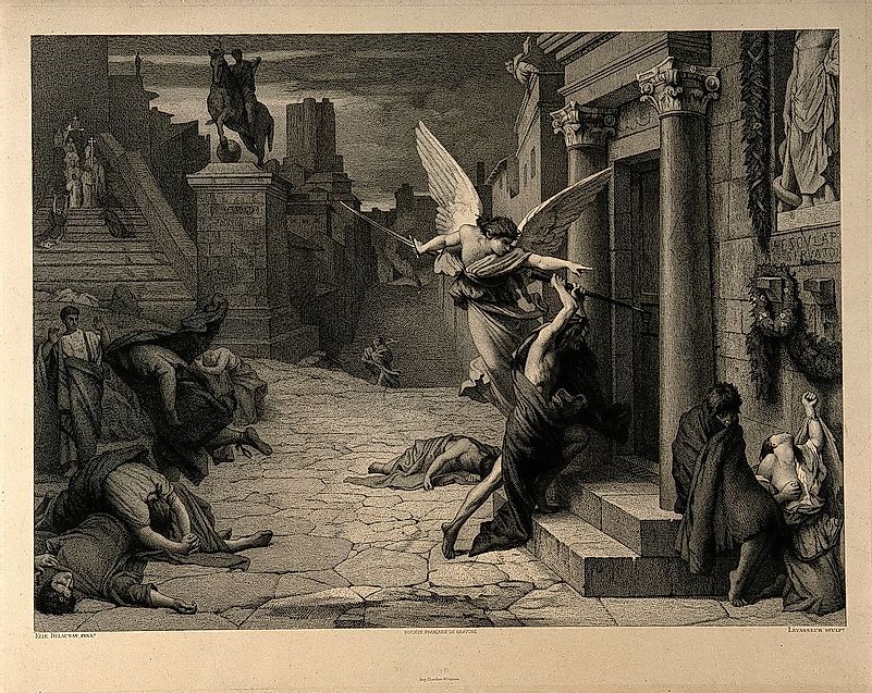 The angel of death striking a door during the plague of Rome: an engraving by Levasseur after Jules-Elie Delaunay