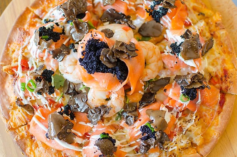 Caviar, cod, and salmon top the C6 Pizza. Editorial credit: Steveston Pizza