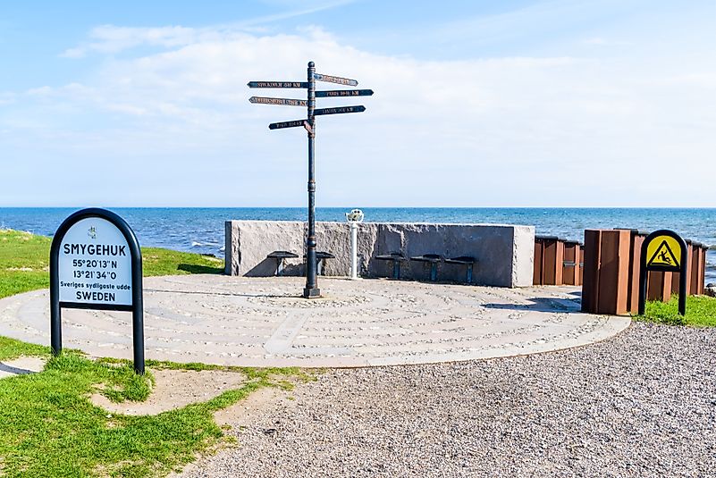 Signpost in Smygehuk, Sweden's southernmost point. Editorial credit: Imfoto / Shutterstock.com